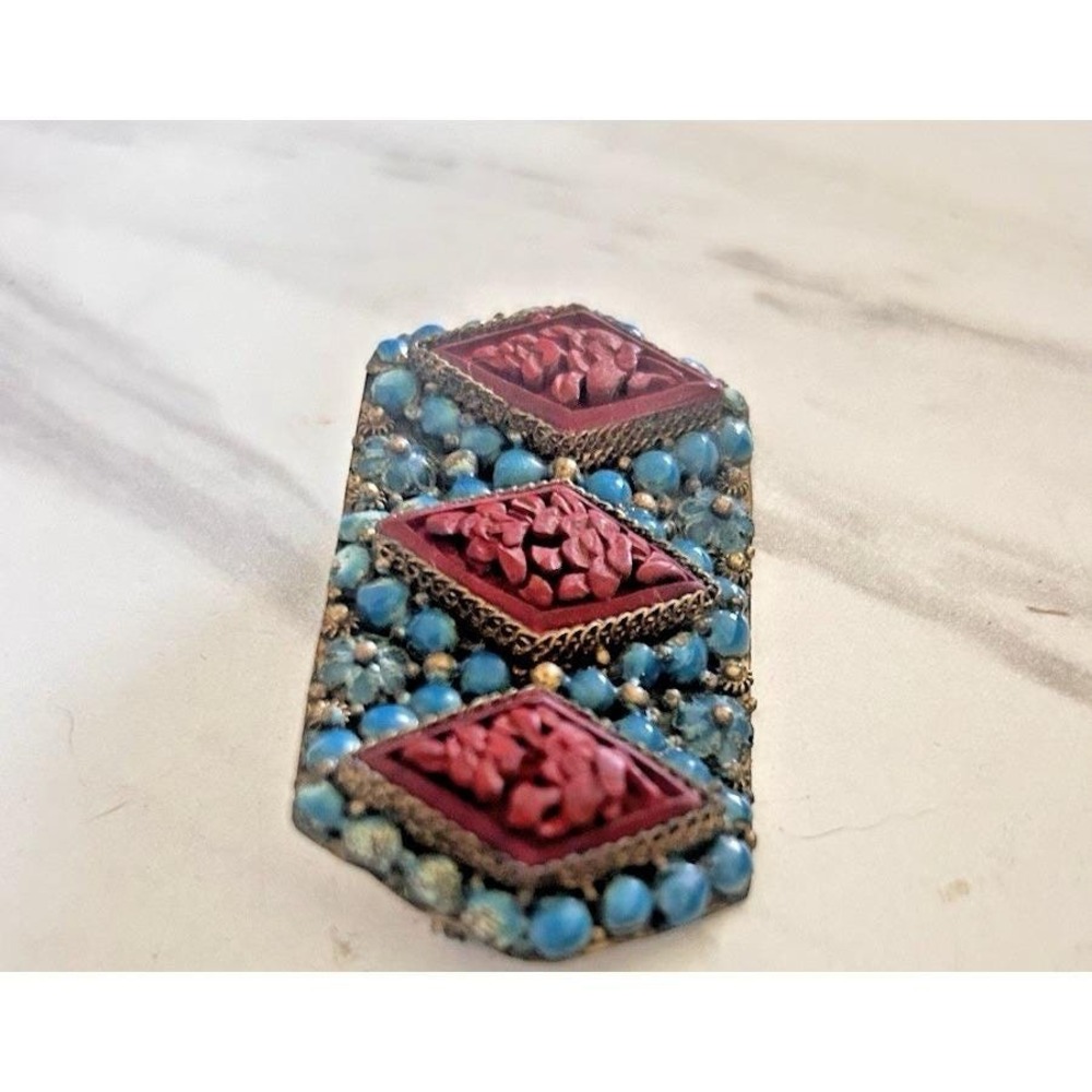 Vintage Nepal Brooch Pin Brass Coral & Turquoise Inlay Tibetan Tribal Jewelry - Picture 4 of 10